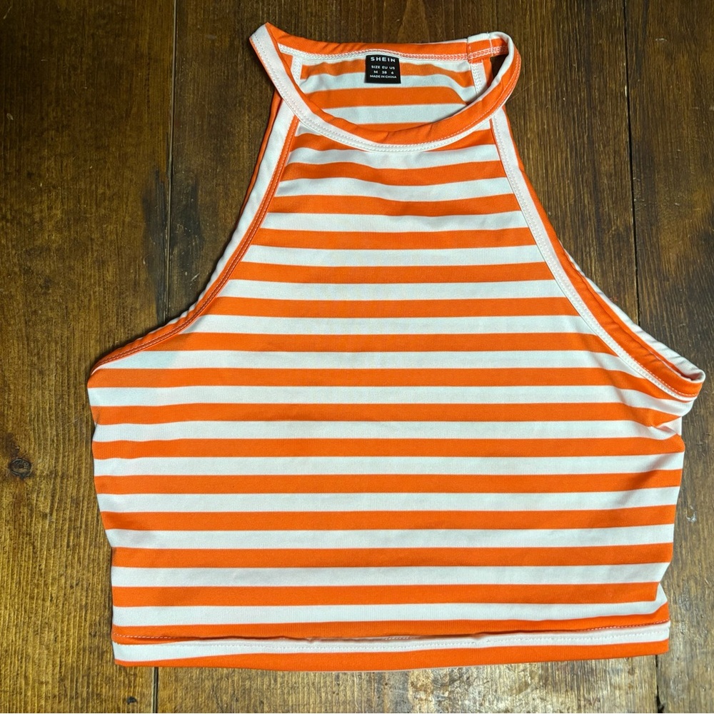 SHEIN Orange & White Striped High Neck Crop Top